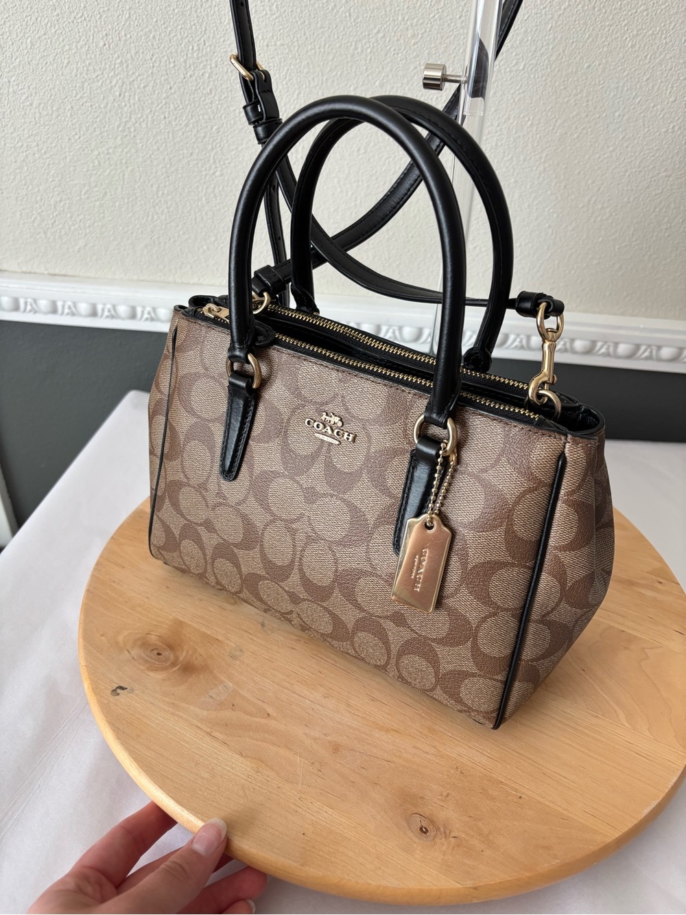 Coach Surrey Carryall Monogram Signature Tan and Black Satchel Crossbody Bag